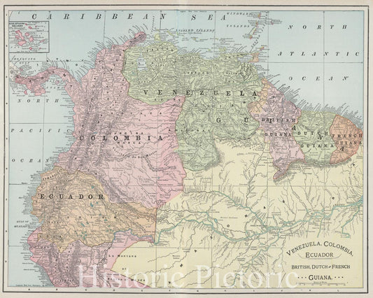 Historic Wall Map : 1901 Venezuela, Colombia, Ecuador; British, Dutch, and French Guiana. - Vintage Wall Art