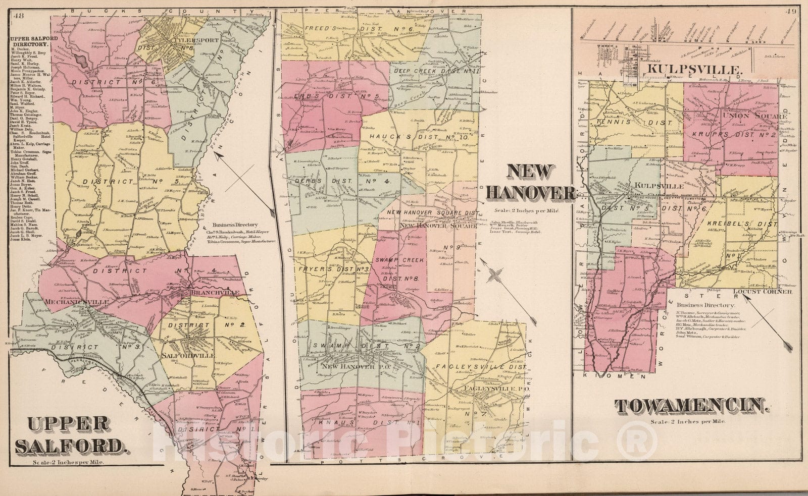 Historic Map : 1871 Upper Salford, New Hanover, and Towamencin, Montgomery County, Pennsylvania. - Vintage Wall Art
