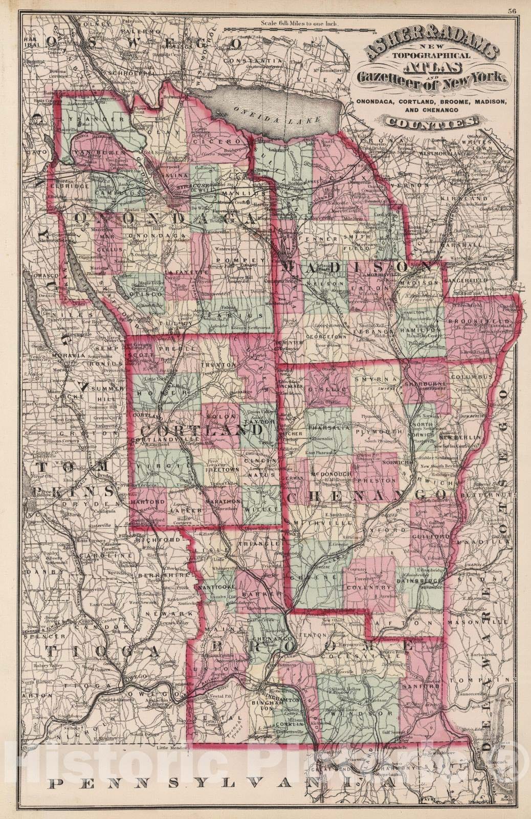 Historic Map : 1870 Onondaga, Cortland, Broome, Madison, and Chenango Counties, New York. - Vintage Wall Art