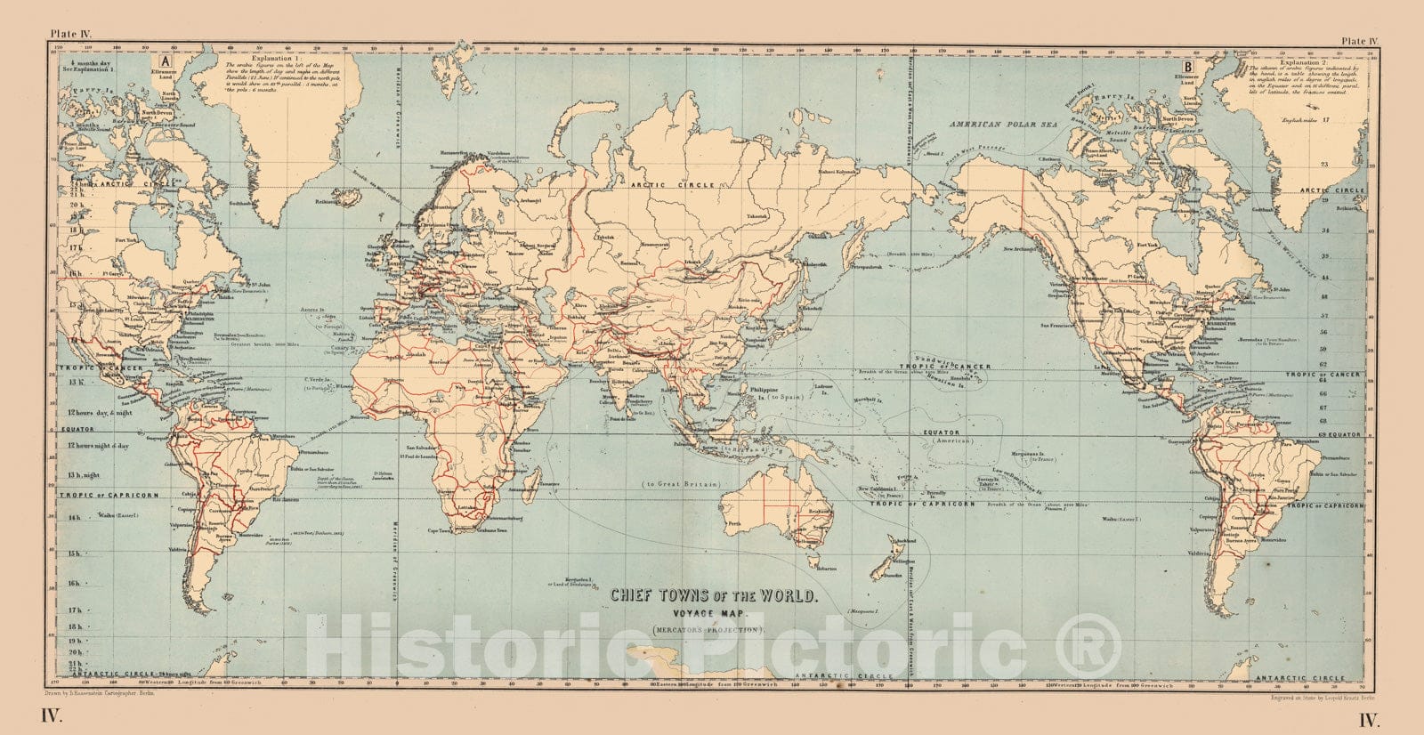 Historic Map - School Atlas - 1867 Plate IV. Chief Towns of the World. Voyage Map. (Mercator's Projection). - Vintage Wall Art