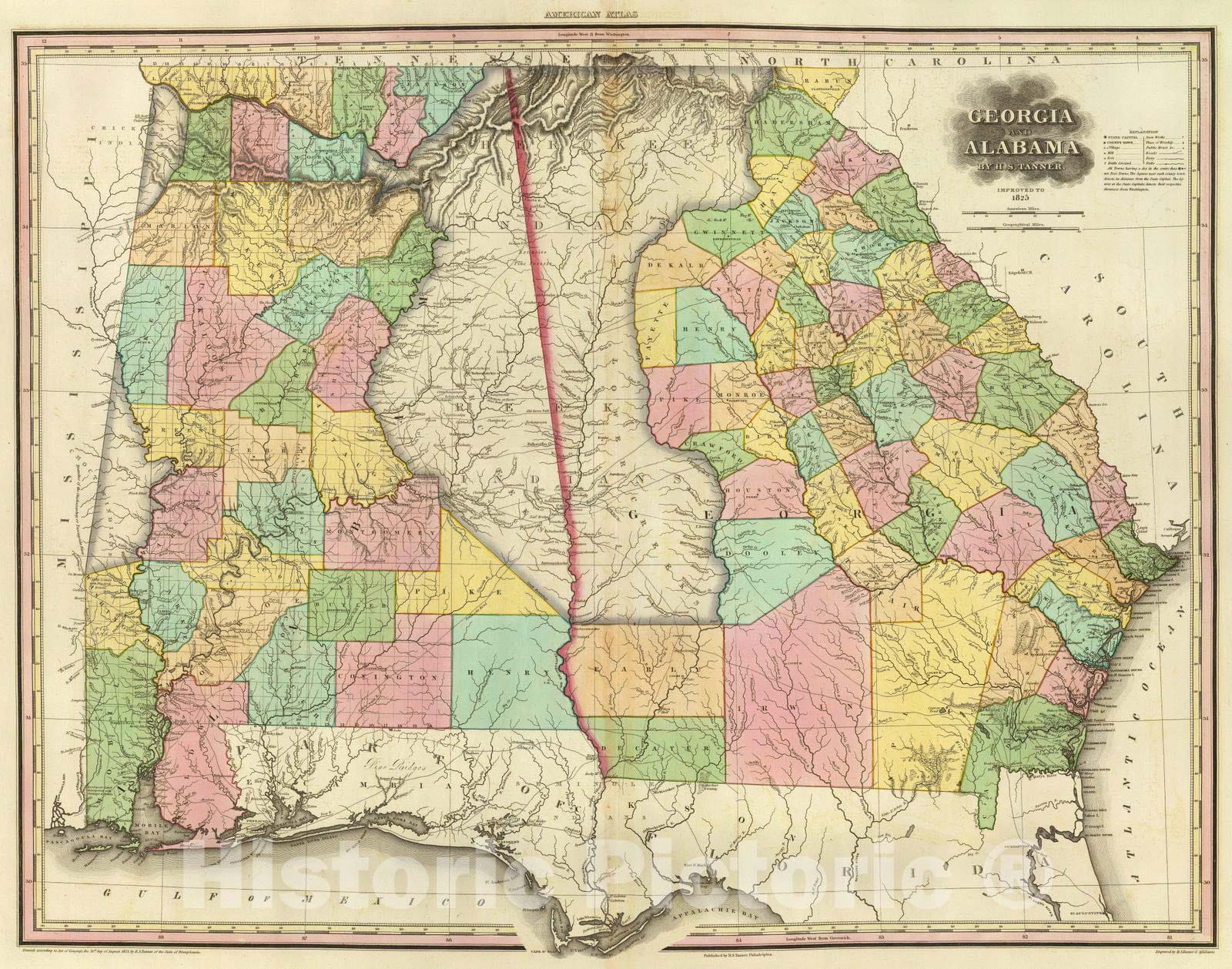 Historic Map : 1825 Georgia and Alabama. v2 - Vintage Wall Art