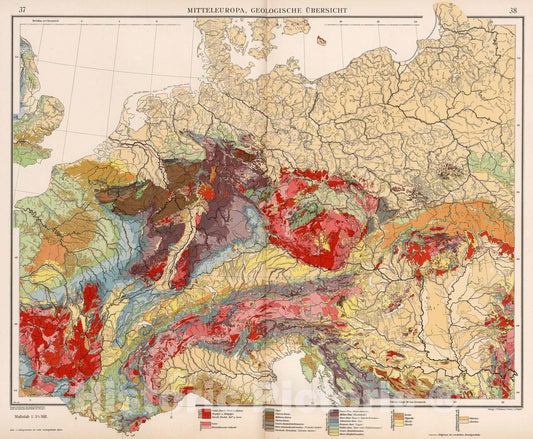Historic Wall Map : Central Europe 1905 Mitteleuropa, Geologische U?bersicht , Vintage Wall Art