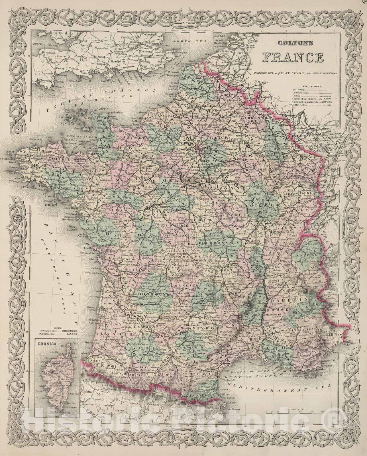 Historic Wall Map : 1886 France. v3 - Vintage Wall Art