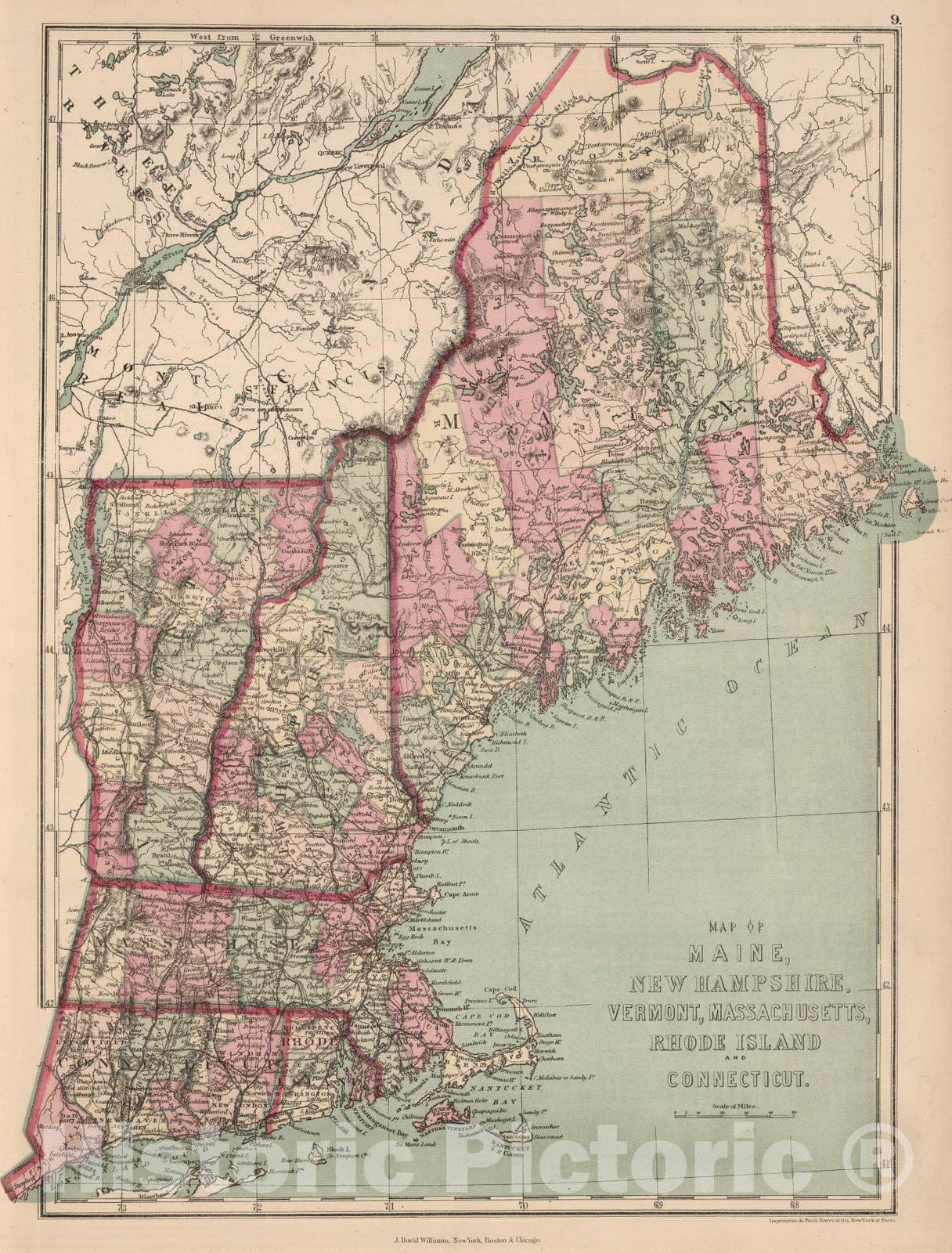 Historic Map : 1873 Map of Maine, New Hampshire, Vermont, Massachusetts, Rhode Island and Connecticut : Vintage Wall Art