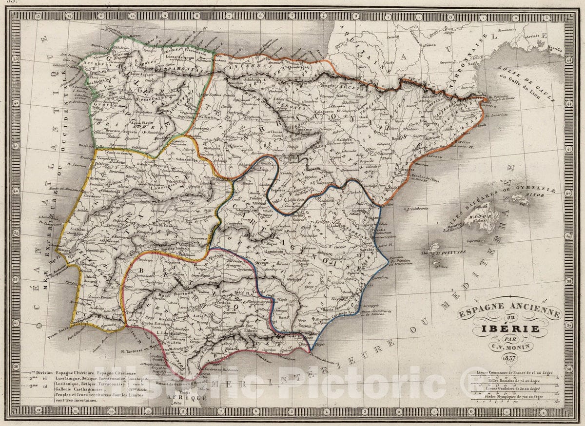 Historic Map : Spain; Portugal, Iberian Peninsula 1837 Espagne Ancienne ou Iberie. , Vintage Wall Art