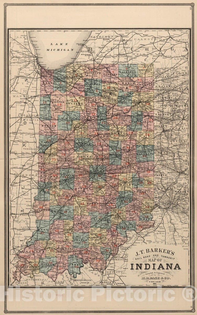 Historic Map : 1886 J.T. Barker's Railroad and Township Map of Indiana. - Vintage Wall Art