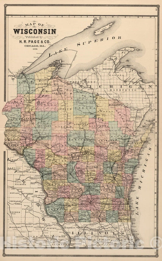 Historic Map : 1886 Wisconsin, Published by H.R. Page & Co, Chicago, Ill, 1886. - Vintage Wall Art