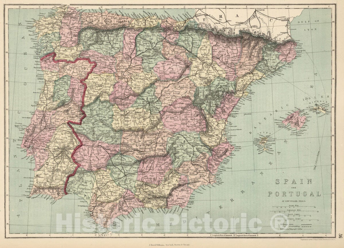 Historic Map : 1873 Spain and Portugal : Vintage Wall Art