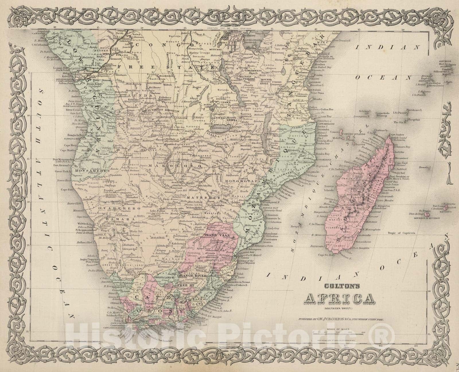 Southern Africa, 1886 - Colton's General Atlas Historical Map Print