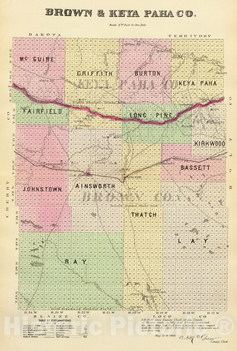 Historic Map : Nebraska, 1885 Brown, Keya Paha Co. , Vintage Wall Art