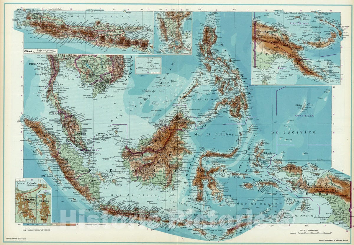 Indonesia, Philippines, and Papua New Guinea - Physical Map, 1952
