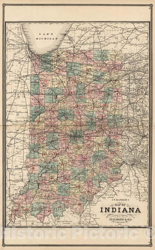 Historic Map : 1885 J.T. Barker's Map of Indiana. - Vintage Wall Art
