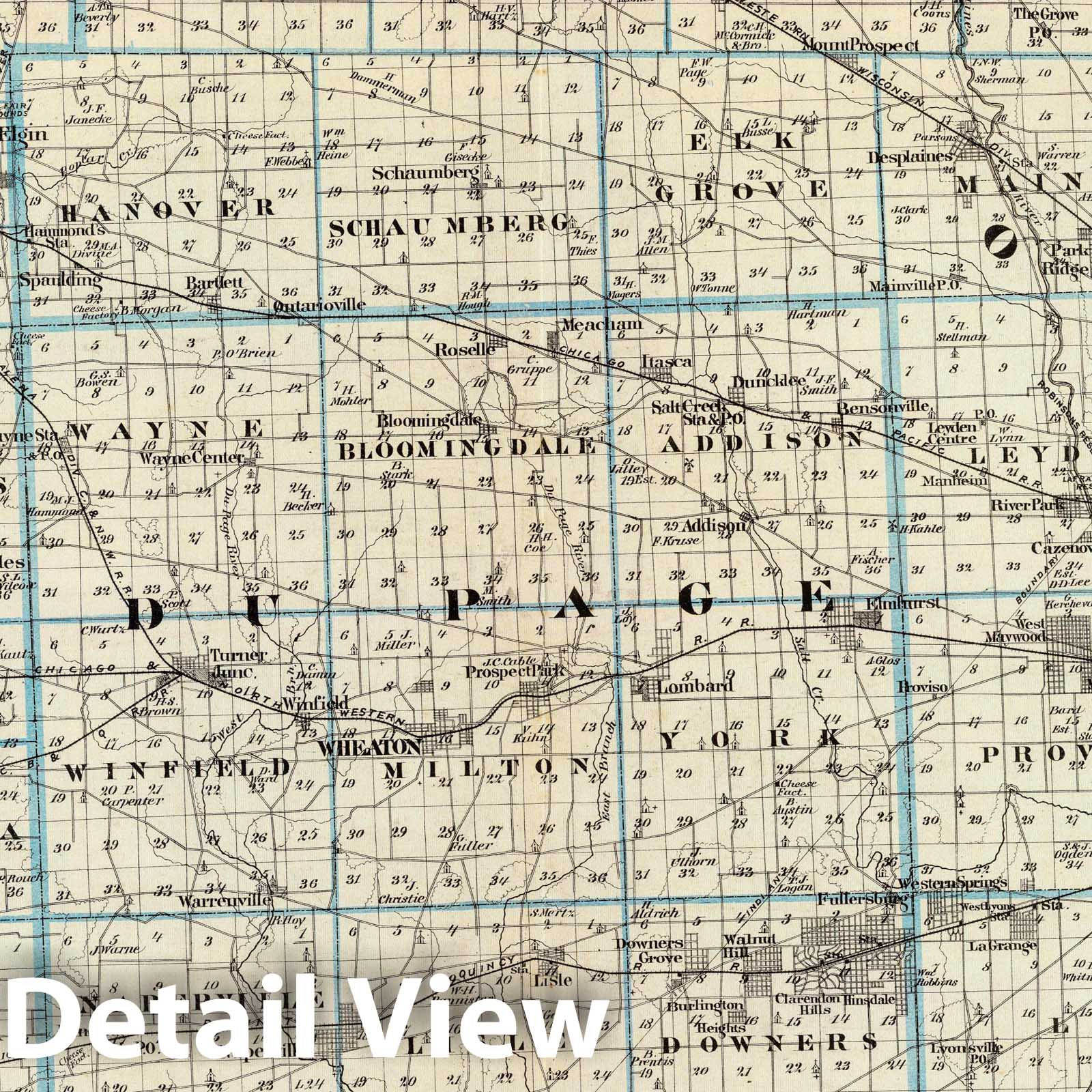 Kane, Du Page, and Cook Counties, Illinois - Railroad Map, 1876