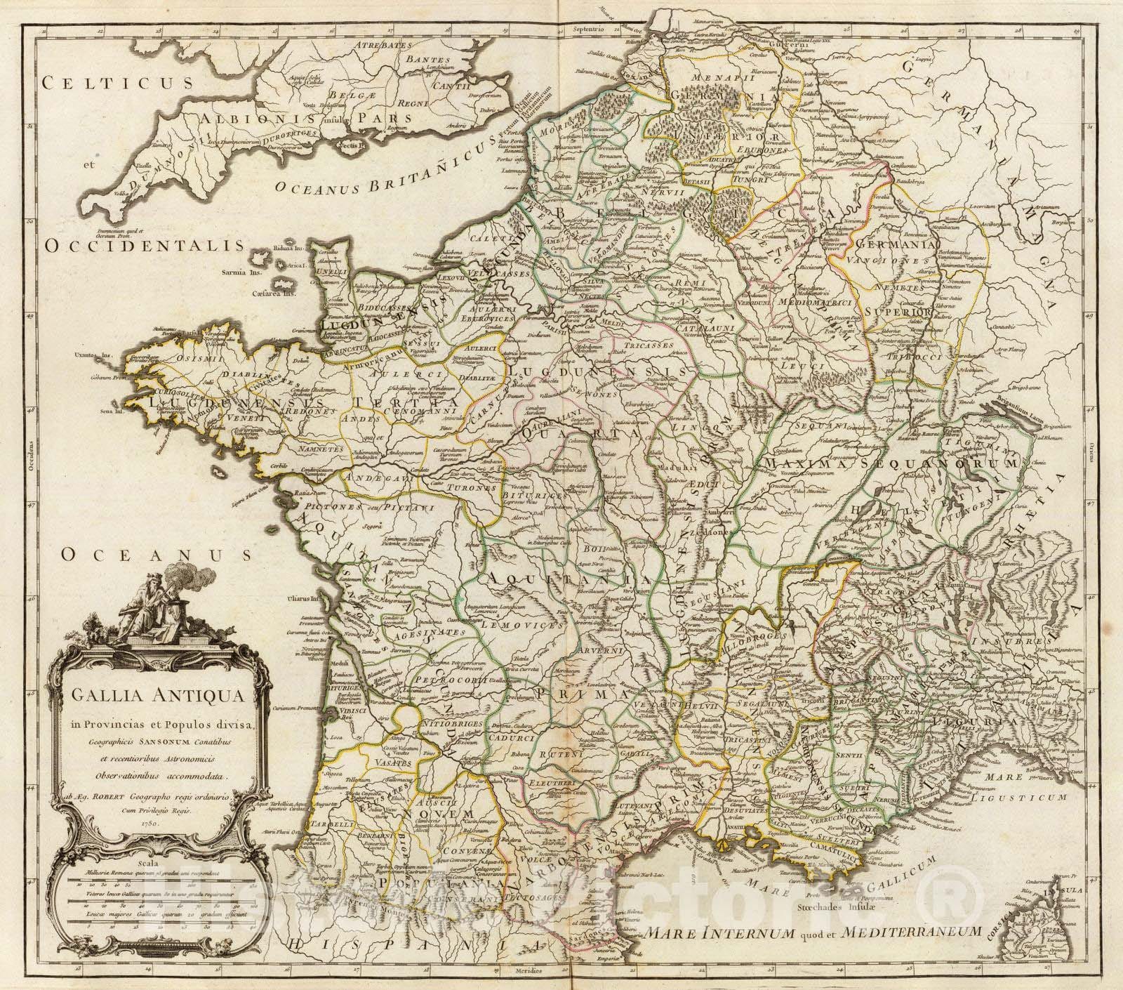 Historic Map : France; Switzerland, 1750 Gallia Antiqua. , Vintage Wall Art