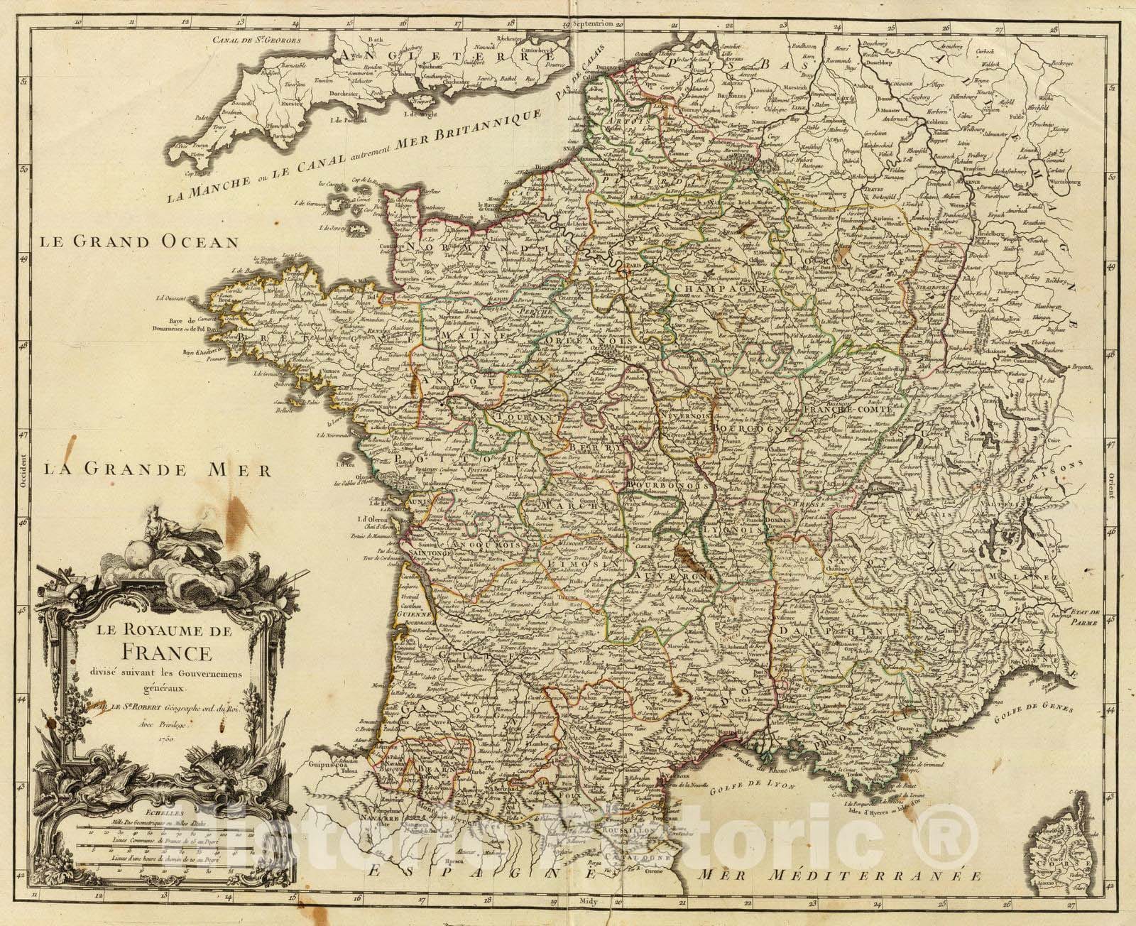 Historic Map : 1750 France. - Vintage Wall Art
