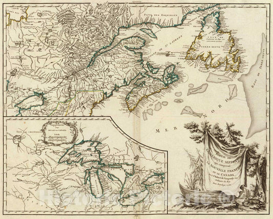 Historic Map : Canada, 1755 Nouvelle France ou le Canada. , Vintage Wall Art