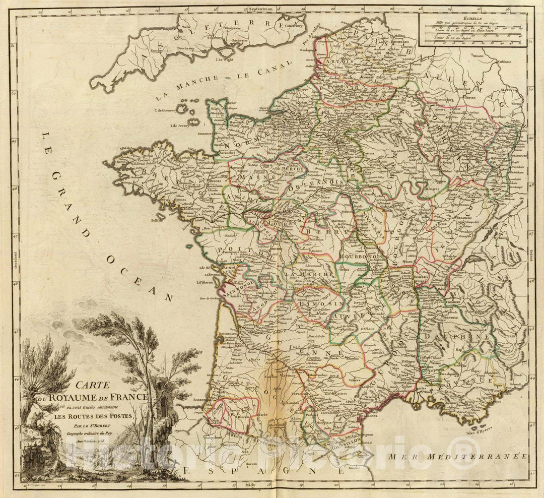 Historic Map : France, , Europe 1758 France postes. , Vintage Wall Art