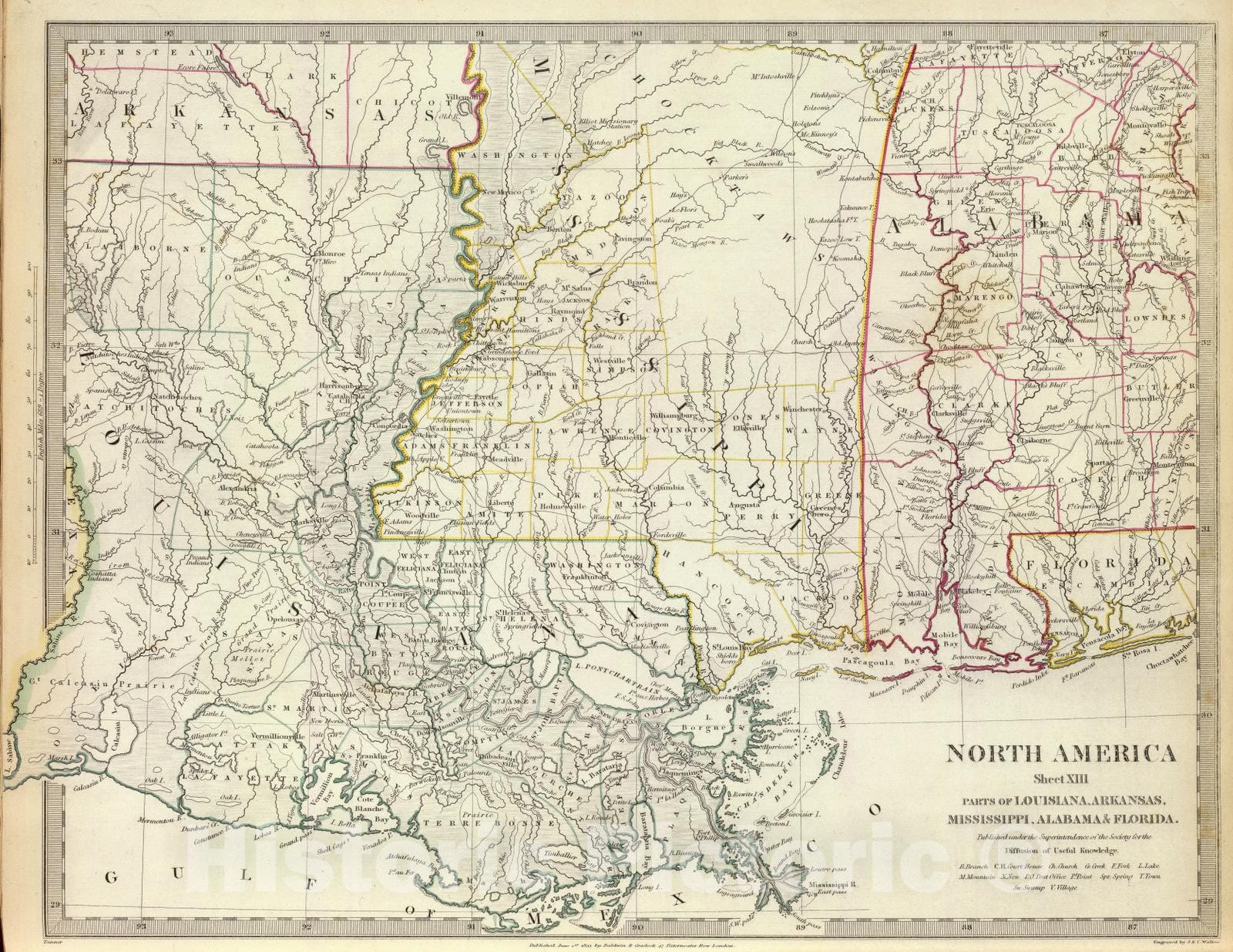 Historic Map : 1833 Pts. of Louisiana, Ark, Miss, Ala, Florida. - Vintage Wall Art