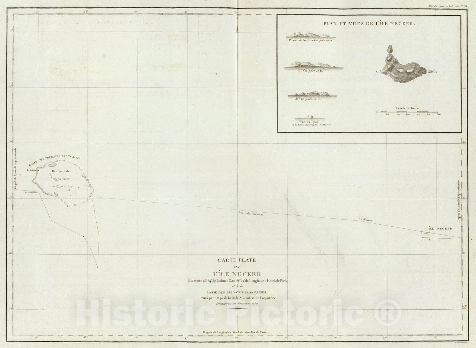 Historic Map : Hawaii, French Figate Shoals (Hawaii) 1797 l'Ile Necker; Basse des Fregates Francaises. , Vintage Wall Art