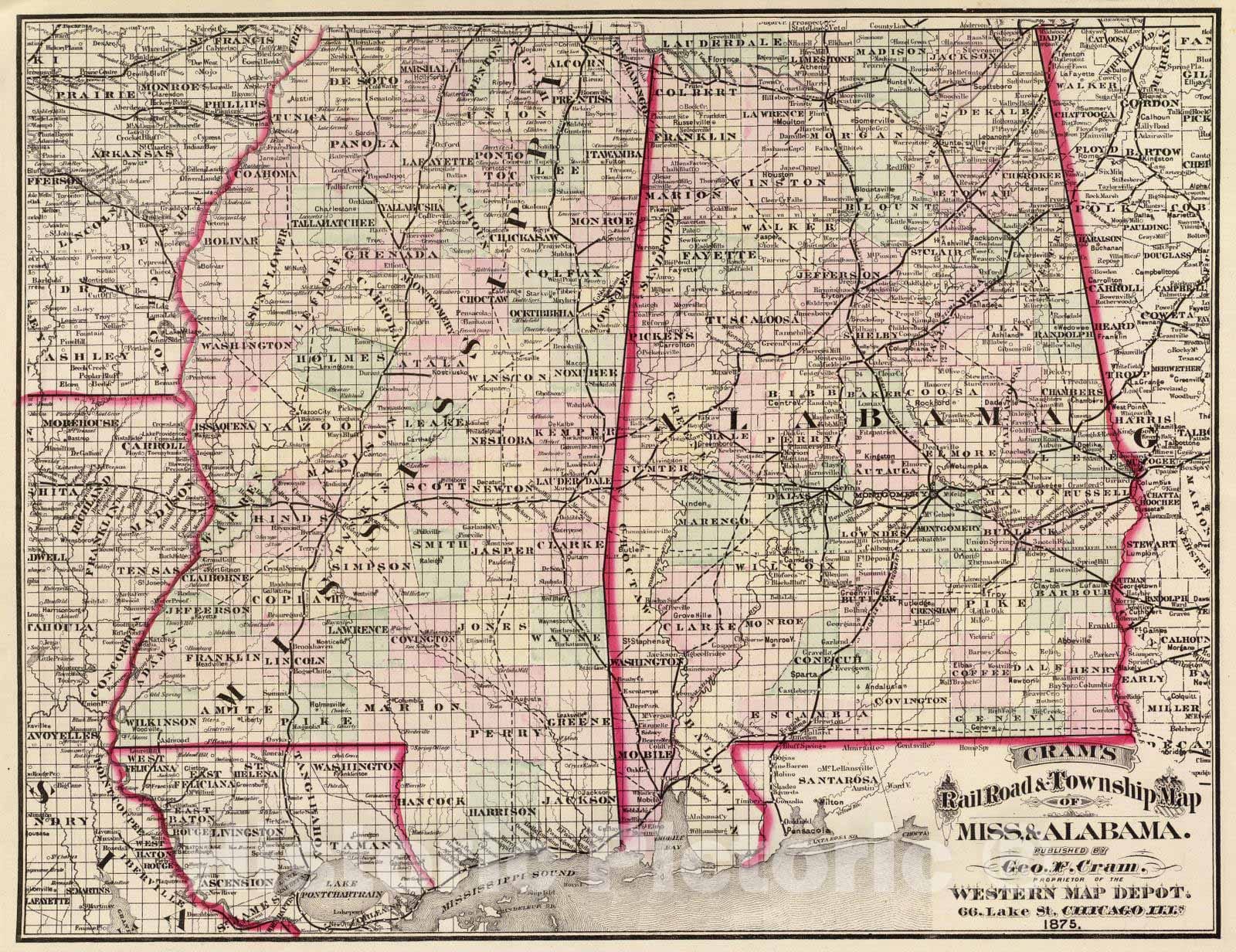 Historic Map : National Atlas - 1875 Mississippi & Alabama. - Vintage Wall Art