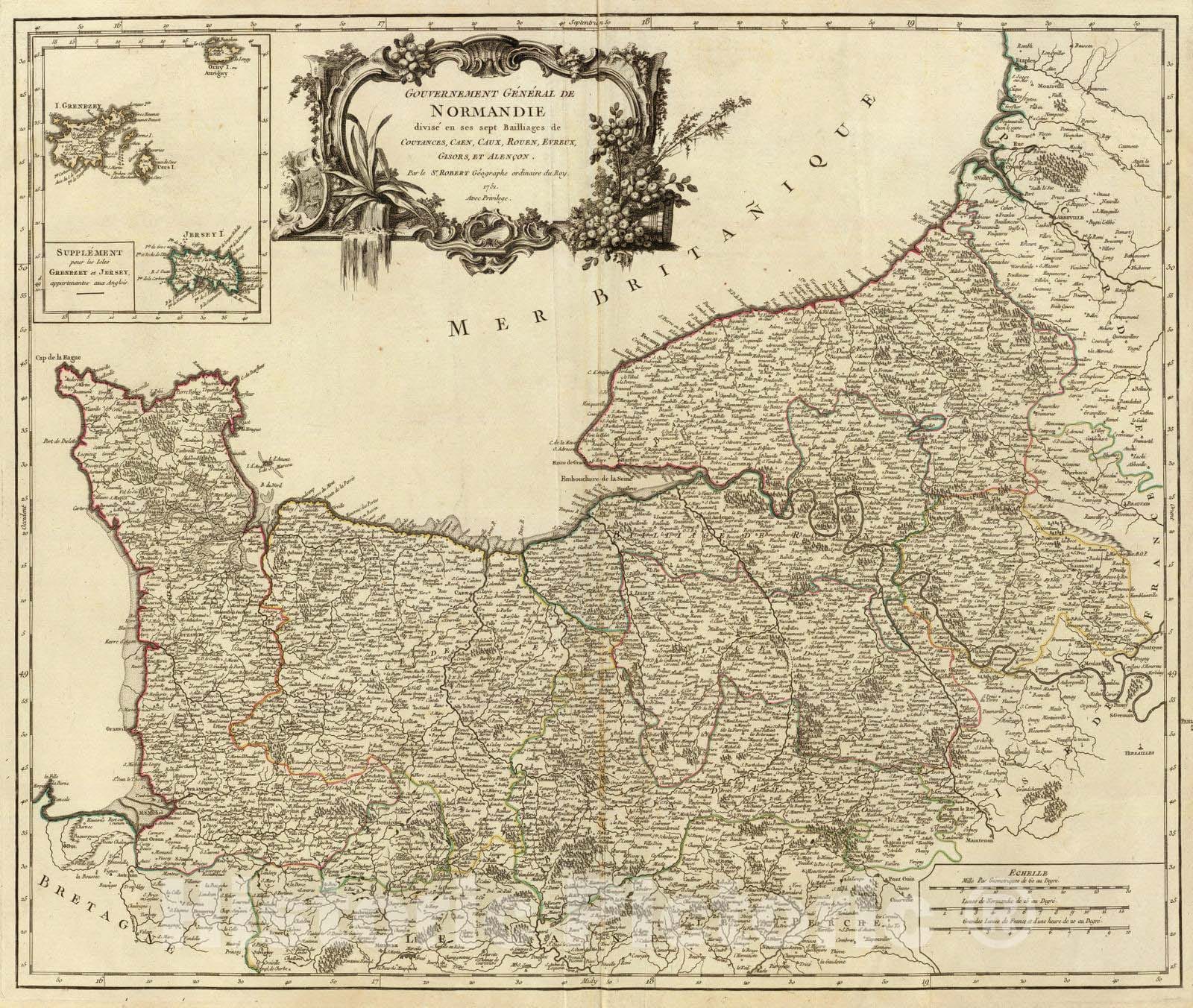 Historic Map : France, Channel Islands 1751 Normandie. , Vintage Wall Art
