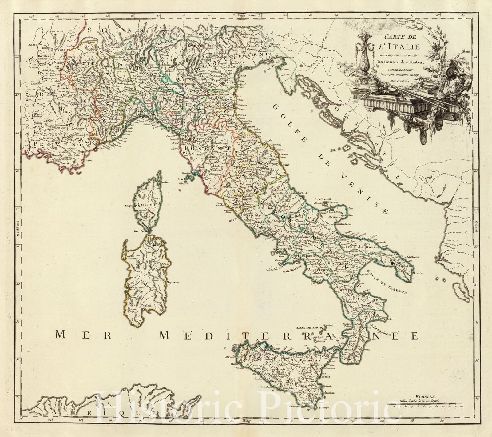 Historic Map : Italy; Slovenia, 1756 Italie postes. , Vintage Wall Art