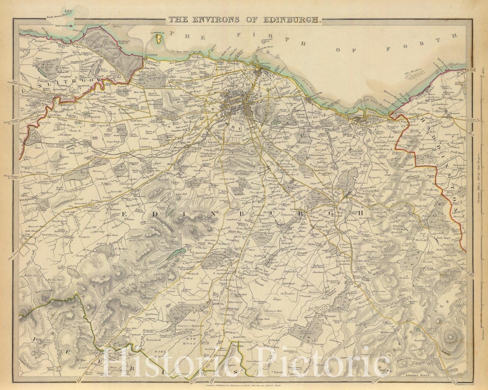 Historic Map : Scotland, Edinburgh Region (Ireland) 1838 Edinburgh environs. , Vintage Wall Art