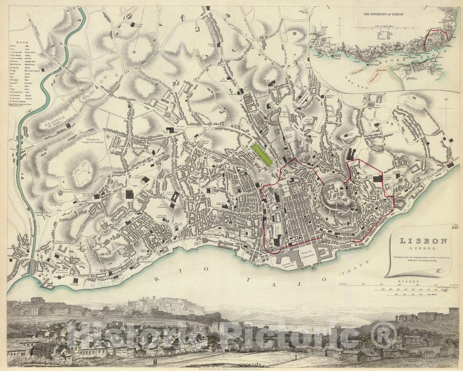 Historic Wall Map : Portugal , Lisbon (Portugal), 1833 Lisbon. Lisboa. , Vintage Wall Art