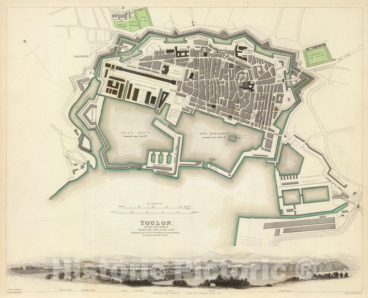 Historic Map : France , Toulon France, 1840 Toulon. , Vintage Wall Art