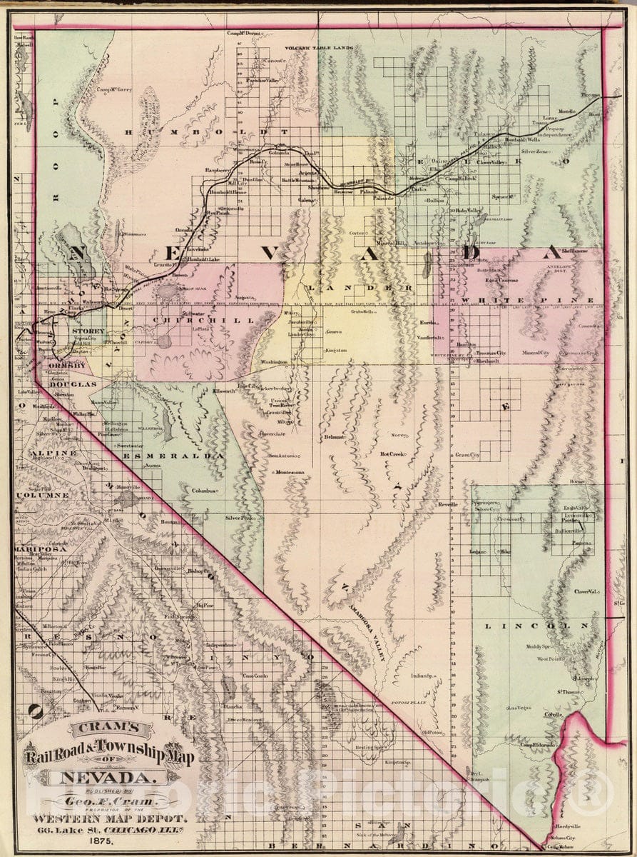 Historic Map : National Atlas - 1875 Nevada. - Vintage Wall Art