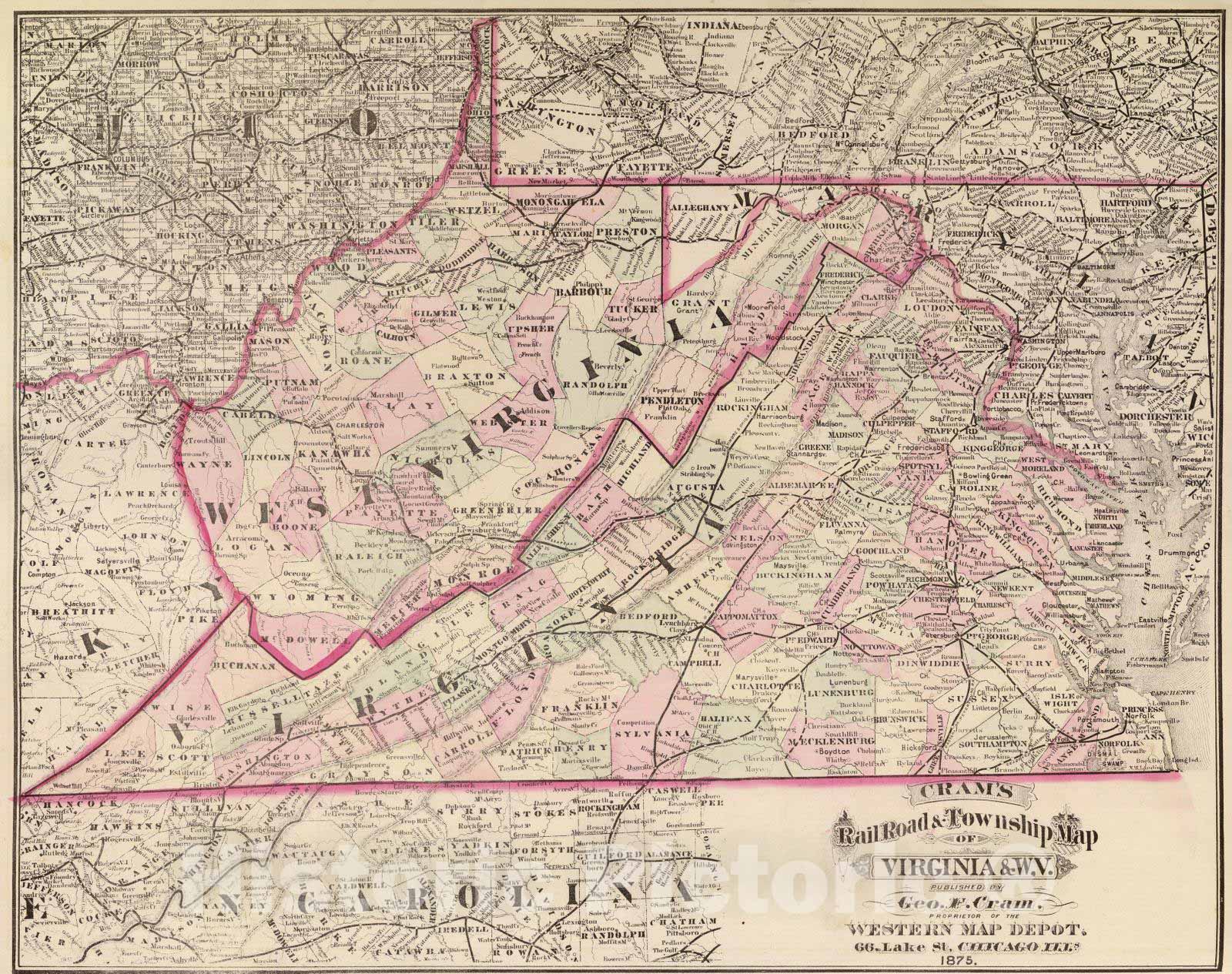 Virginia and West Virginia - Railroad Map, 1875