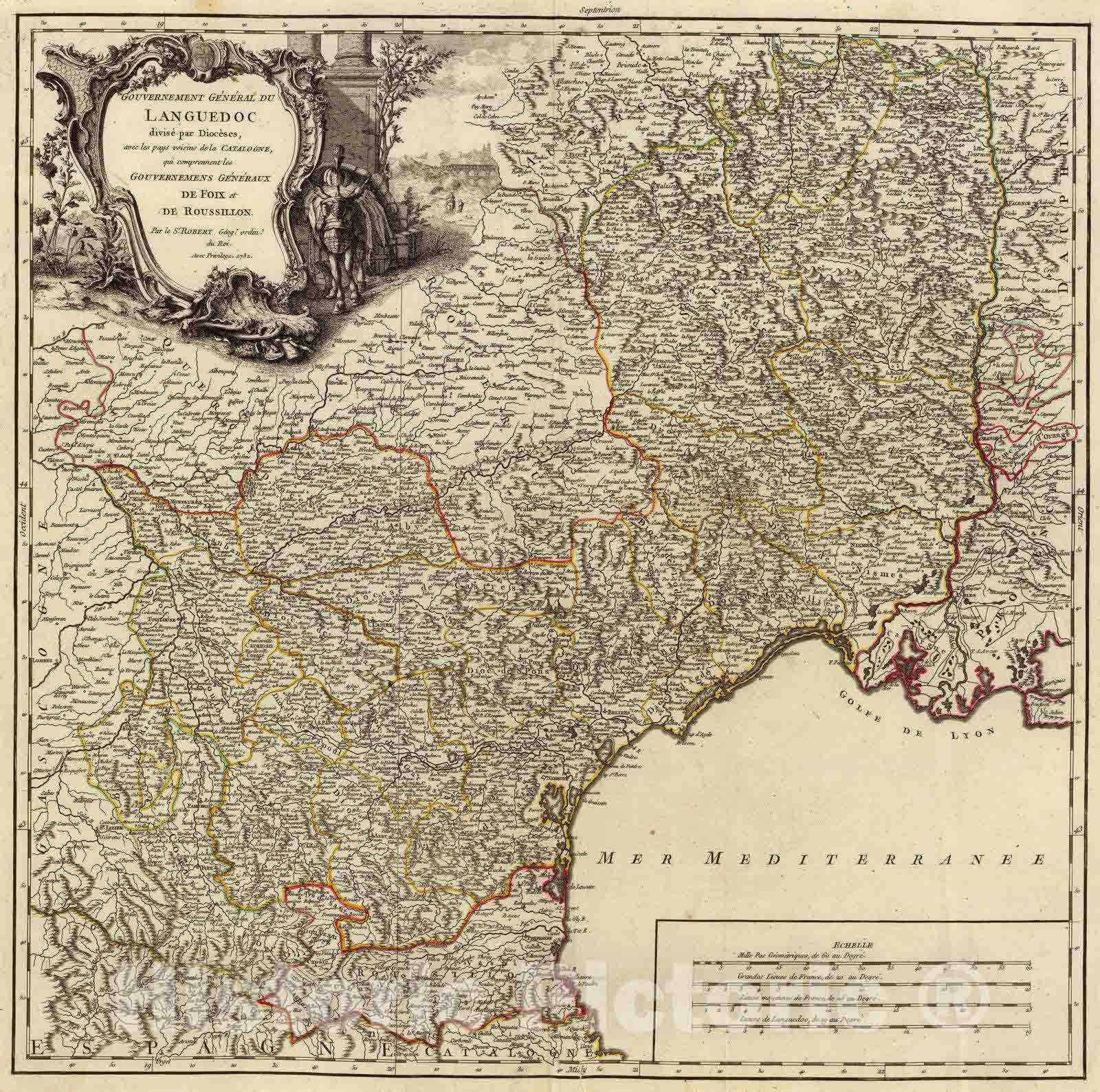 Historic Map : France, 1752 Languedoc. , Vintage Wall Art