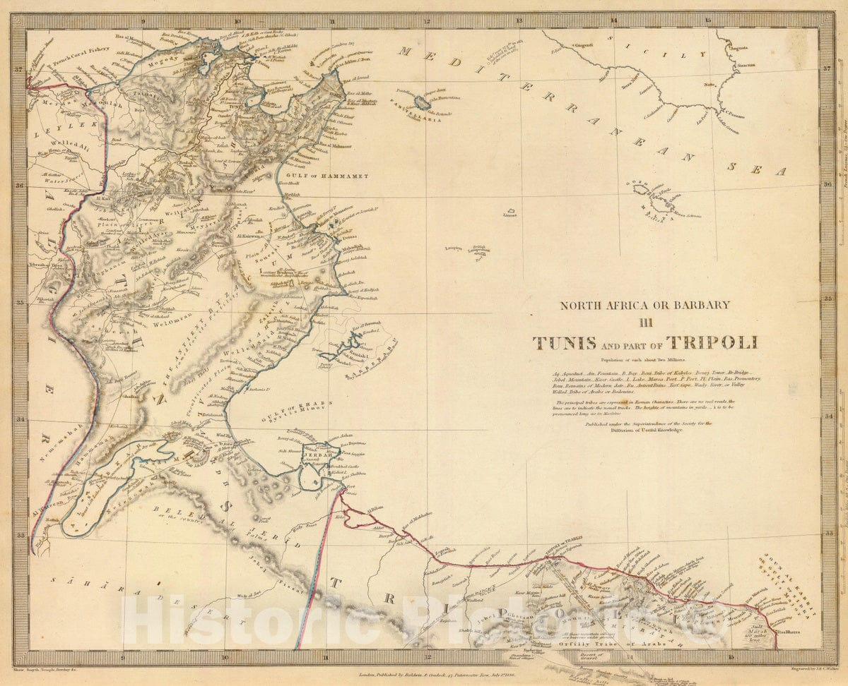 Historic Map : Libya; Tunisia, 1836 Tunis, Tripoli. , Vintage Wall Art