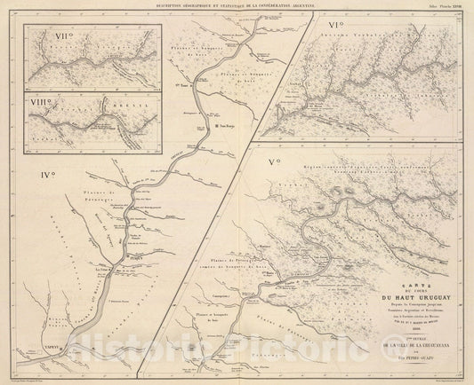 Historic Map : Argentina; Brazil, Uruguay River 1873 Carte, cours du Haut Uruguay, 2. flle. Uruguayana-Rio Pepiri-Guazu. , Vintage Wall Art