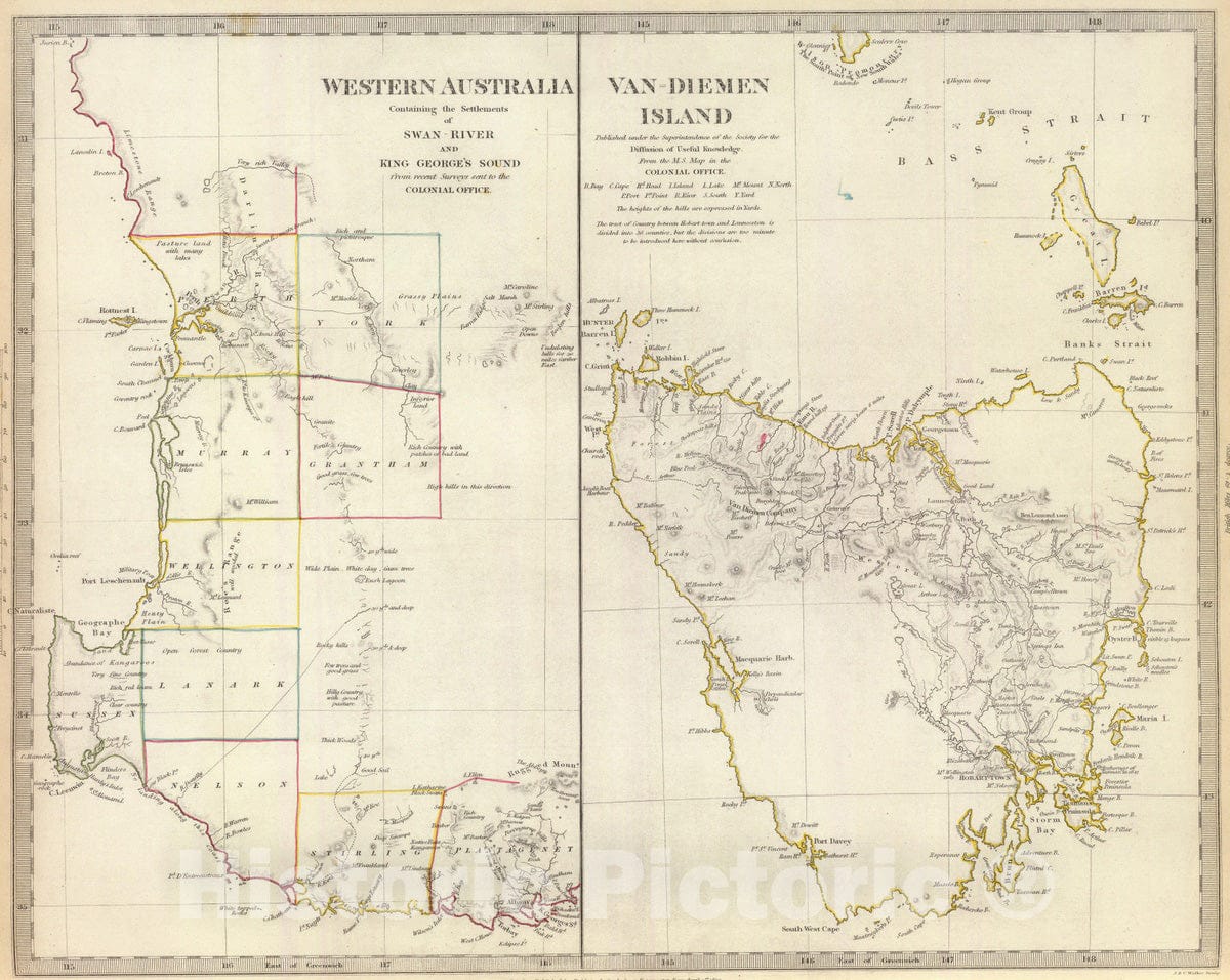 Historic Map : 1833 W. Australia, Tasmania. - Vintage Wall Art