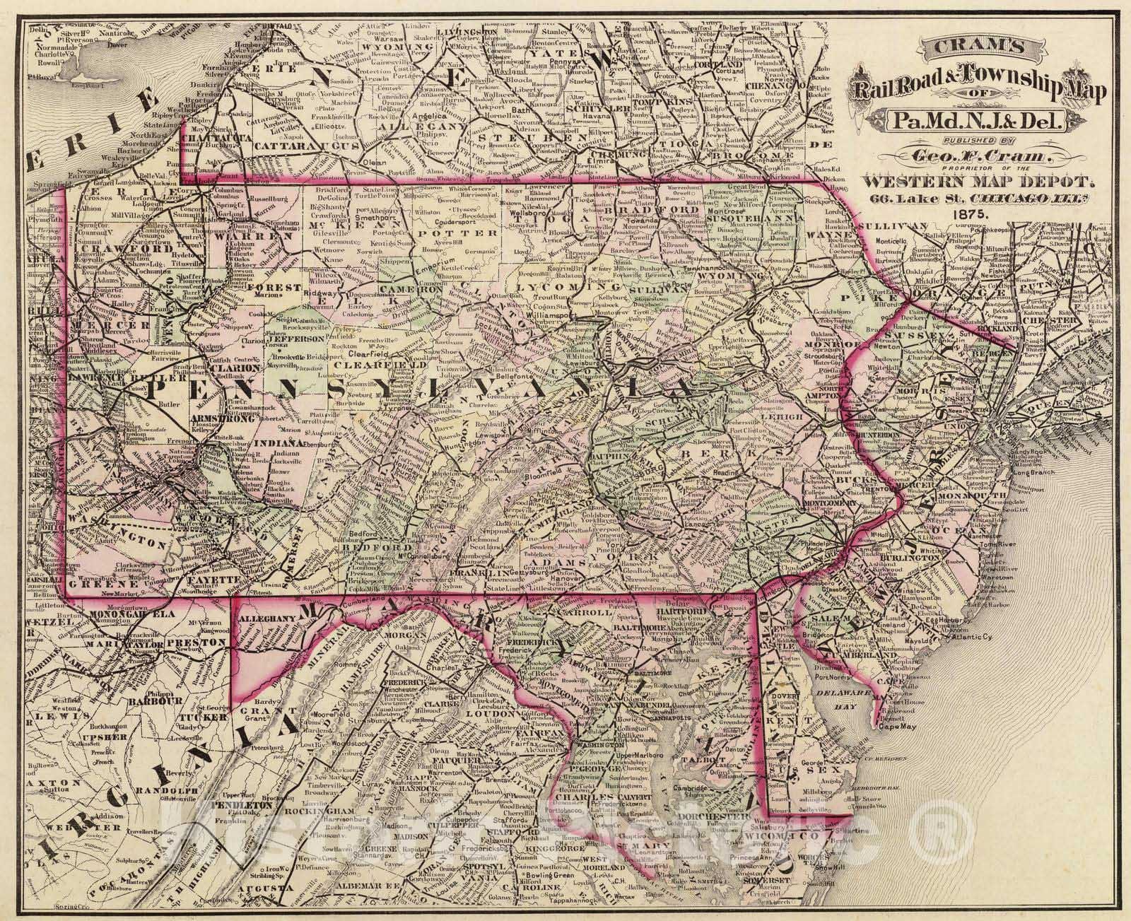 Historic Map : National Atlas - 1875 Pa. Md. N.J. & Del. - Vintage Wall Art