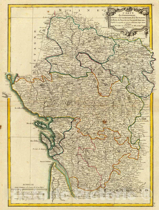Historic Map : France, 1771 Anjou, Saumurois, Touraine, Poitou, Aunis, Saintonge, Angoumois. , Vintage Wall Art
