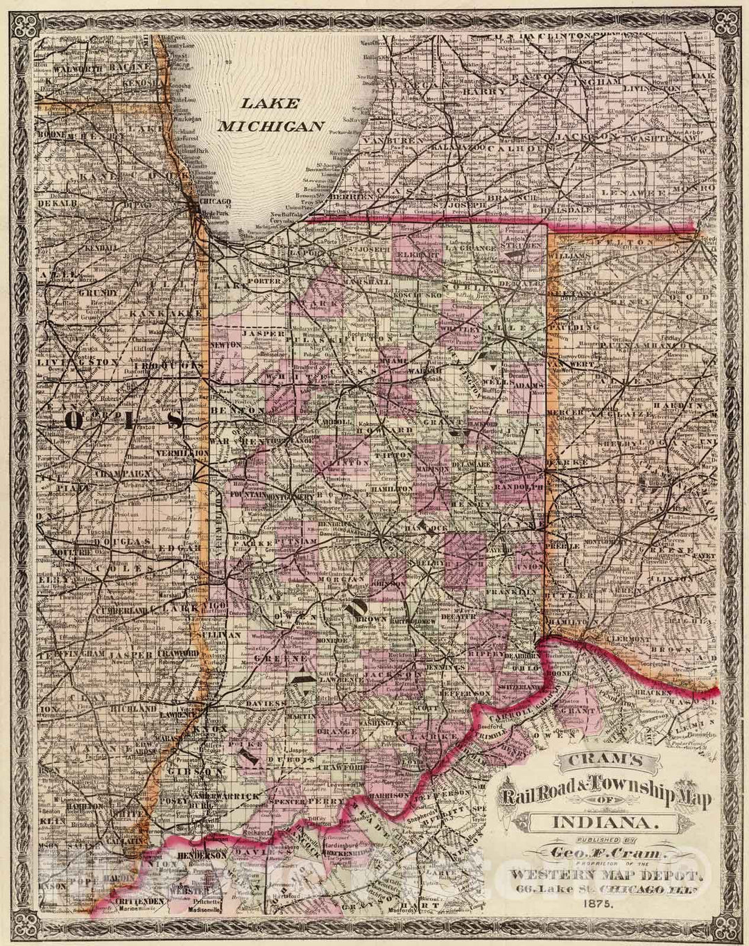 Historic Map : National Atlas - 1875 Indiana. - Vintage Wall Art