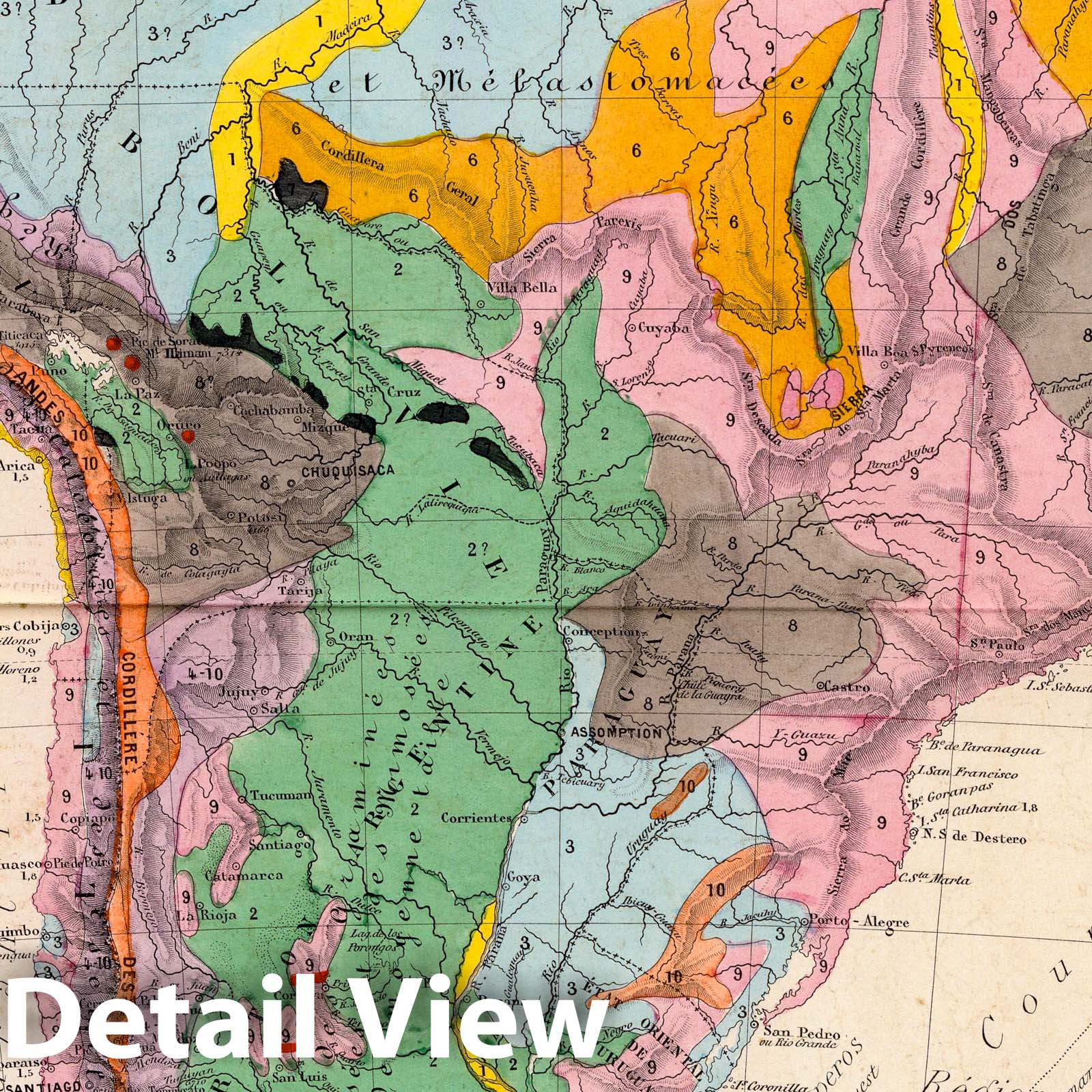 South America - Physical Map, 1873 - Historical Geological Map Print