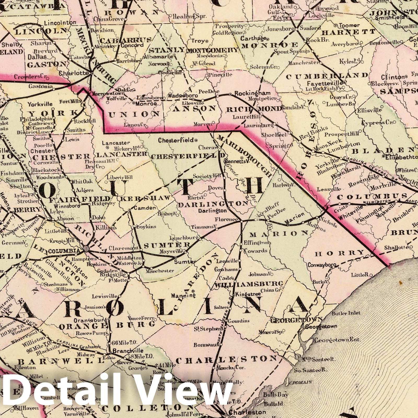 North and South Carolina - Railroad Map, 1875 - Cram's Atlas Print