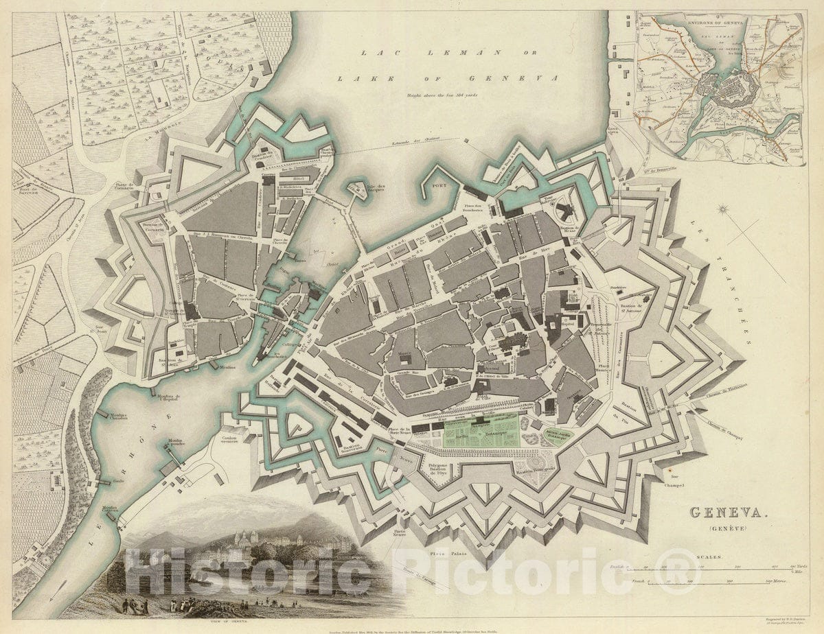 Historic Wall Map : 1841 Geneva. Geneve. - Vintage Wall Art