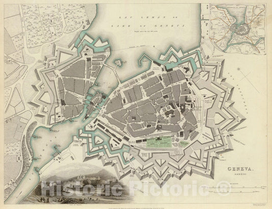 Historic Wall Map : 1841 Geneva. Geneve. - Vintage Wall Art