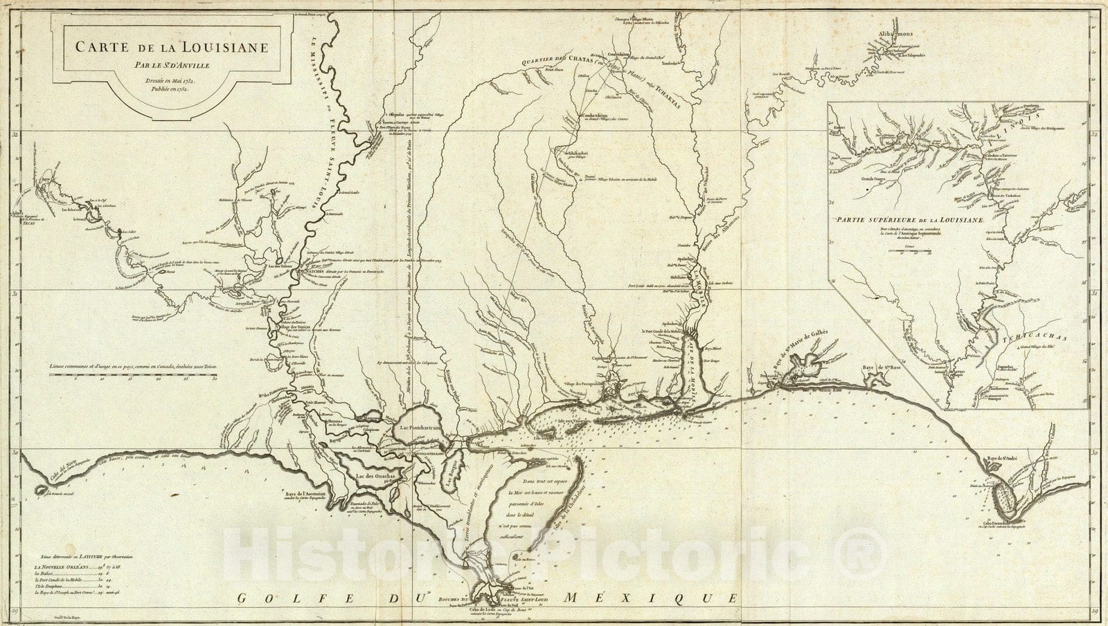 Historic Map : United States, Alabama, 1752 Carte de la Louisiane. , Vintage Wall Art