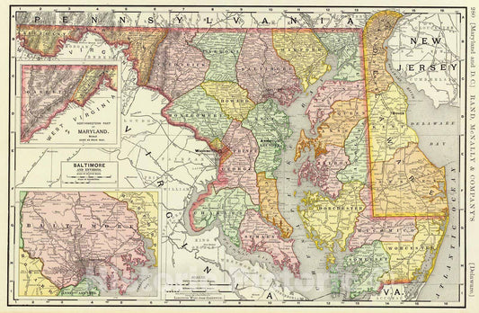 Historic Map : 1897 Maryland, Delaware. - Vintage Wall Art