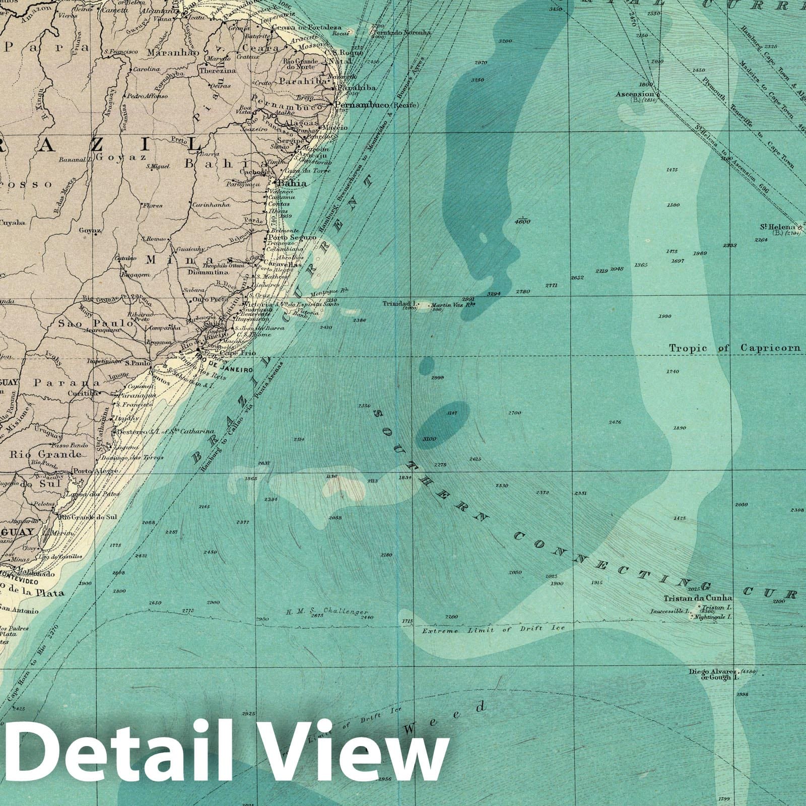 South Atlantic Ocean - Nautical Chart, 1922 - Times Atlas Map Print