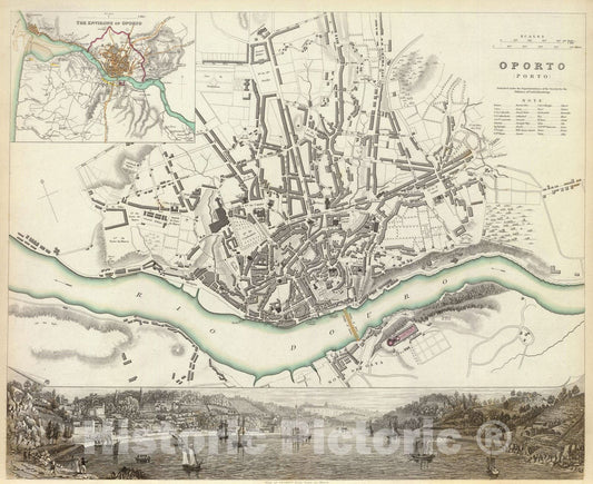 Historic Map : Portugal , Porto (Portugal), Region (Portugal) 1833 Oporto. Porto. , Vintage Wall Art