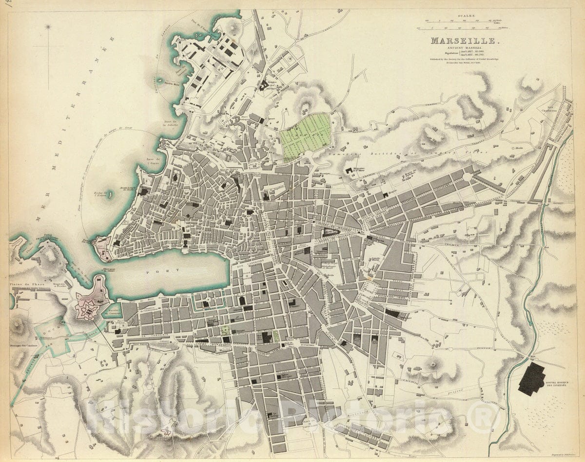 Historic Map : France , Marseille France, 1840 Marseille. , Vintage Wall Art