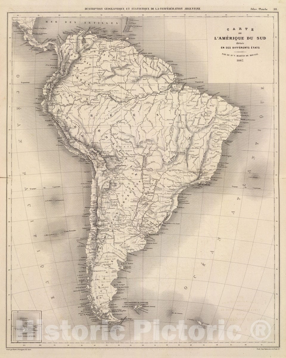 Historic Map : National Atlas - 1873 Carte de l'Amerique du Sud. - Vintage Wall Art