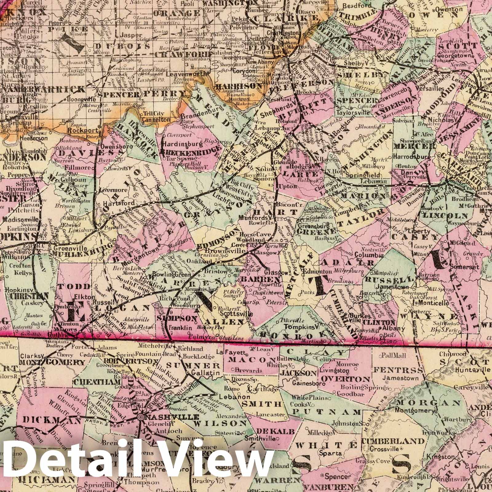 Kentucky and Tennessee - Railroad Map, 1875 - Cram's Atlas Print