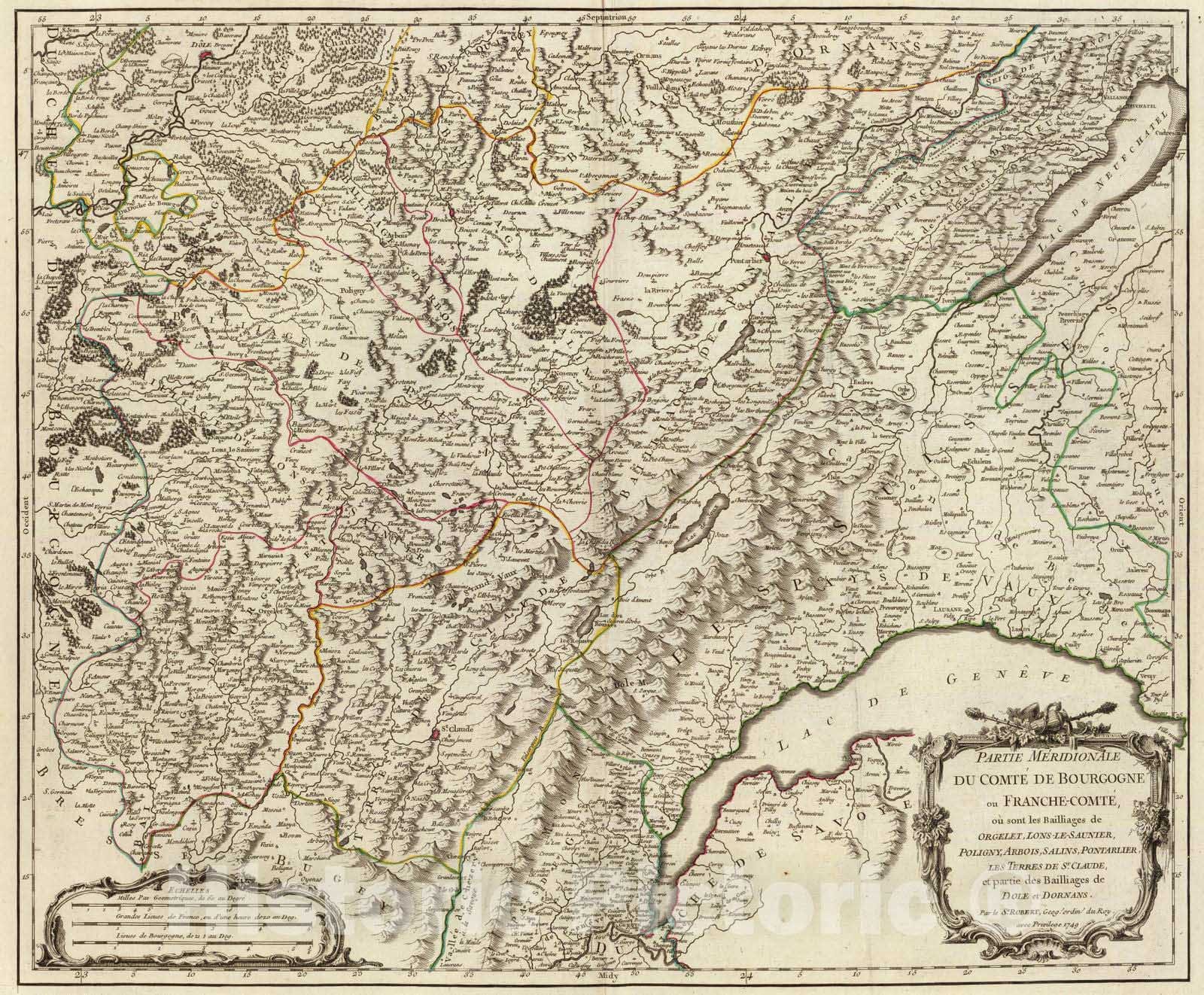 Historic Map : France, 1749 Comte de Bourgogne sud. , Vintage Wall Art